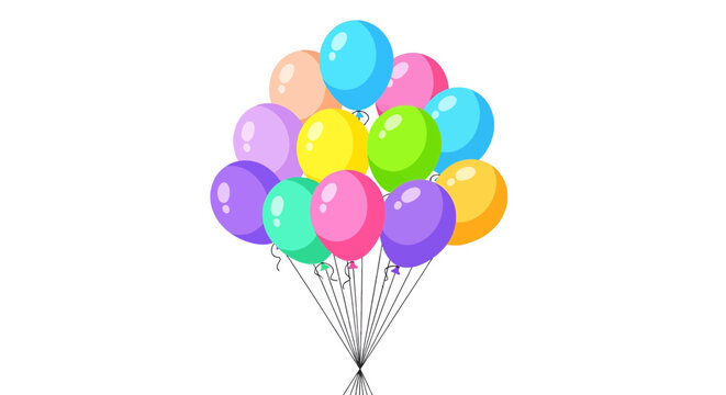 Colorful balloons gathered together on strings against a white background multicolored tied festive party celebration bunch cluster ribbons shiny reflective