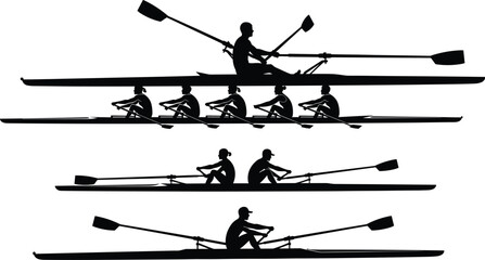 Set of rowing team silhouettes showing single scull, double scull, eight rowers with coxswain, and competitive crew configurations © Amina