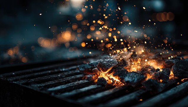 Glowing embers on a grill grate, with sparks flying upwards