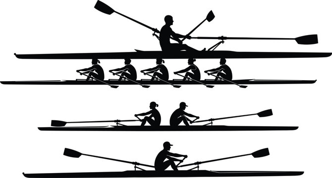 Set of rowing team silhouettes showing single scull, double scull, eight rowers with coxswain, and competitive crew configurations