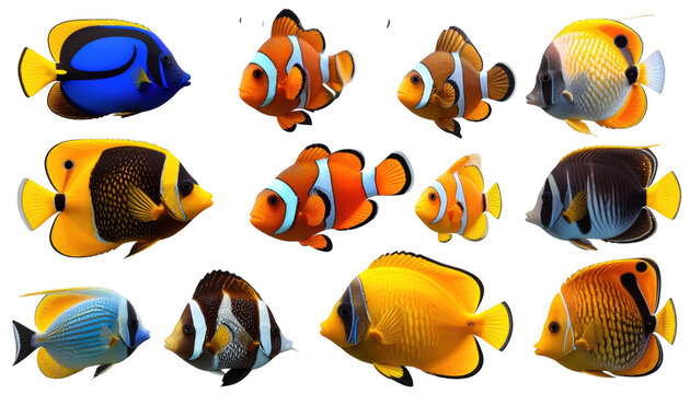 Assorted vibrant tropical aquarium fish species in various colors png isolated on a transparent background