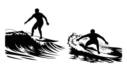 Surfers riding ocean waves in a striking black graphic silhouette © Mdselim