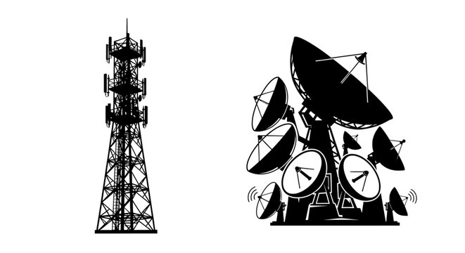Communication towers and satellite dishes depicted in a striking silhouette