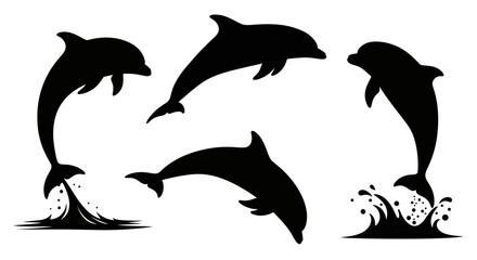 Four leaping dolphins in a dynamic pose a striking black silhouette © Mdselim