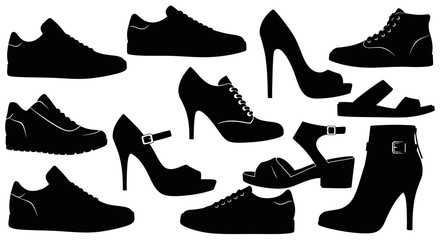 Variety of footwear depicted in a striking black silhouette © Mdselim