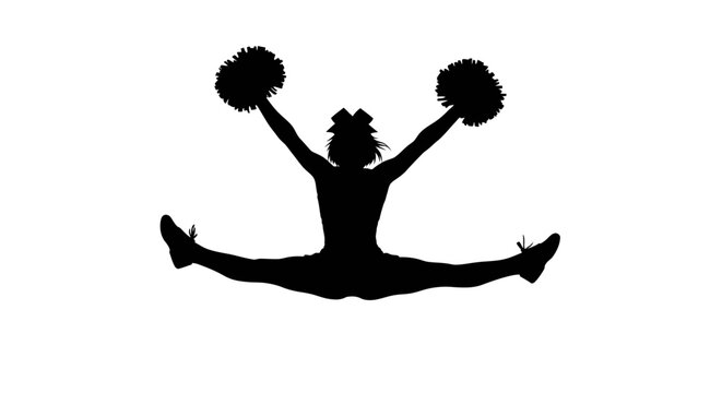 Cheerleader performing a split jump with pom poms striking black silhouette