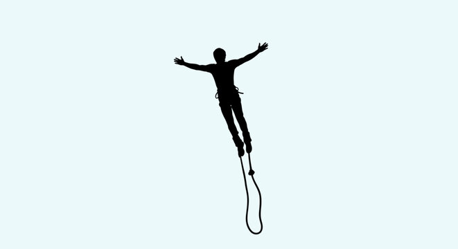 A person with arms outstretched appears to be jumping with a rope silhouette