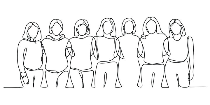 Continuous line drawing of a diverse group of women standing together in a supportive friendship