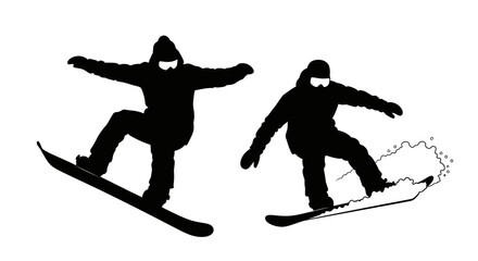 Snowboarders in action dynamic poses captured in black striking silhouette © Mdselim
