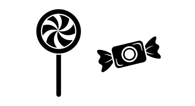 Black and white candy icons a lollipop and a wrapped sweet silhouette