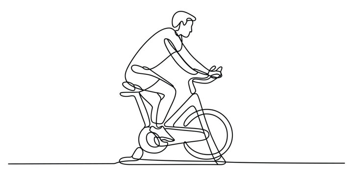 Continuous single line drawing of a man exercising on a stationary indoor cycling exercise bike