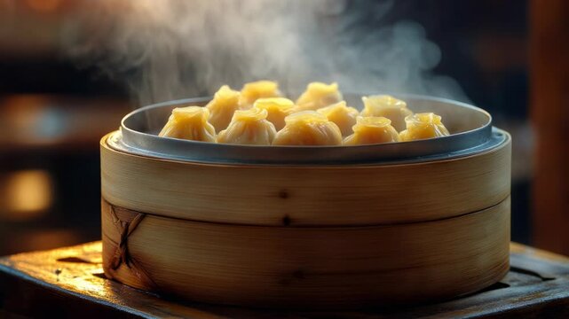 Freshly made chinese dim sum dumplings steaming in a traditional bamboo basket