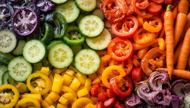 Fresh and healthy Rainbow Vegetable Slices concept with an emphasis on plant-based ingredients: colorful bell peppers, various cucumber and zucchini, unique baby carrots, and wholesome purple cabbage,