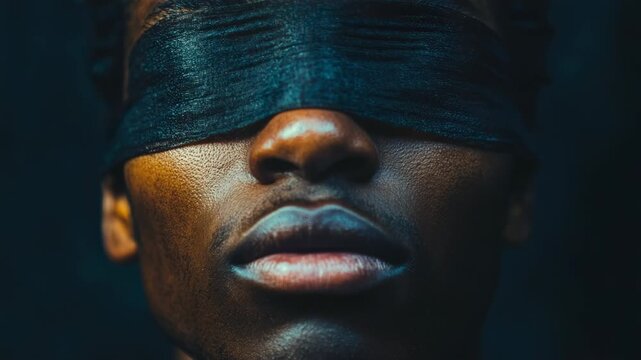 Close-up portrait of a blindfolded african american man turning his head in dramatic, cinematic light