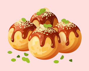 Delicious takoyaki octopus balls topped with mayo and green herbs for japanese street food snack and restaurant menu - Vector Illustration © powdesign