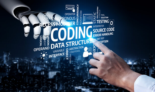 An inspiring image of a human hand reaching toward a robotic hand, expressing the synergy between human intelligence and technology in software development and coding. Tessel