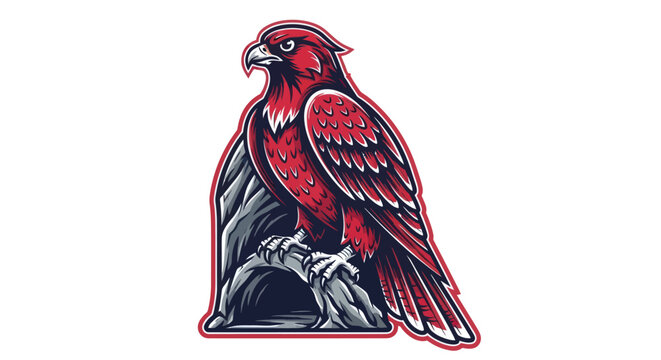 Bold red hawk perched on rock isolated against white background