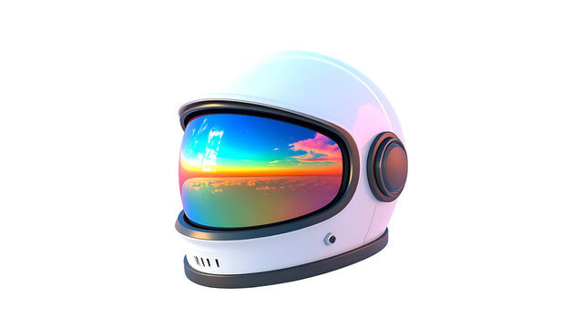 Astronaut helmet reflecting a colorful sunset sky in the visor; 3D render on black
