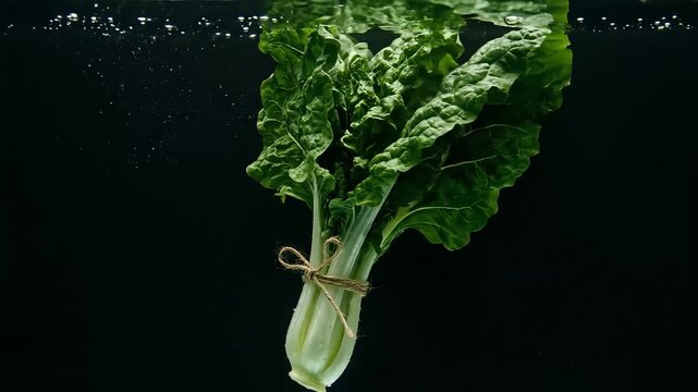 A bunch of fresh green leafy vegetables tied with string submerged in clear water with bubbles against a dark background.
