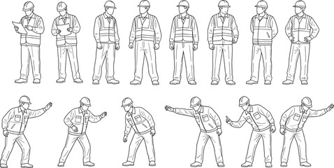 Fototapeta premium Line drawing illustration of construction workers in safety helmets and vests showing standing poses, hand signals and workplace gestures