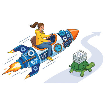 Woman rides rocket while turtle carries documents nearby outdoor scene