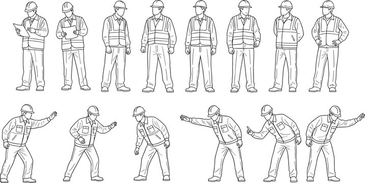 Line drawing illustration of construction workers in safety helmets and vests showing standing poses, hand signals and workplace gestures