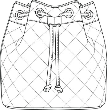 Technical fashion flat sketch of a quilted bucket bag with drawstring closure and grommets, vector line art illustration on white background