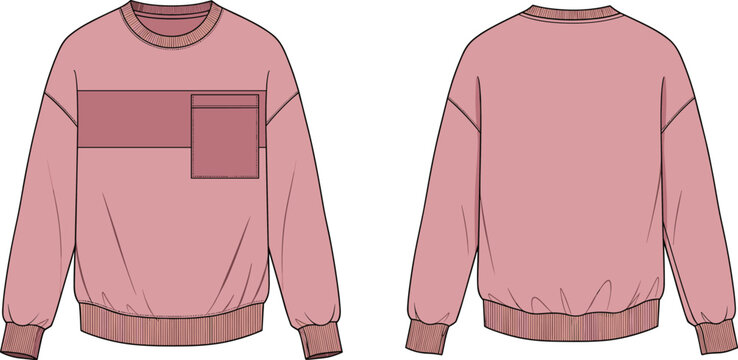 Technical fashion flat sketch of pink sweatshirt with color-block chest panel, patch pocket, ribbed cuffs, hem and neckline construction details