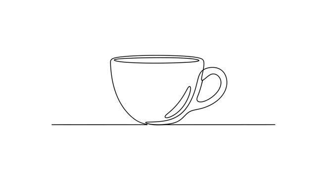 Minimalist single line drawing of a coffee cup on a white background