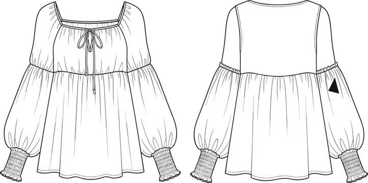 Technical fashion flat sketch of peasant blouse with square neckline, bishop sleeves, smocked cuffs and tiered peplum, front and back view