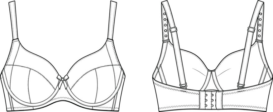 Technical fashion flat sketch of structured bra with seamed cups, decorative bow, adjustable straps and hook-and-eye back closure