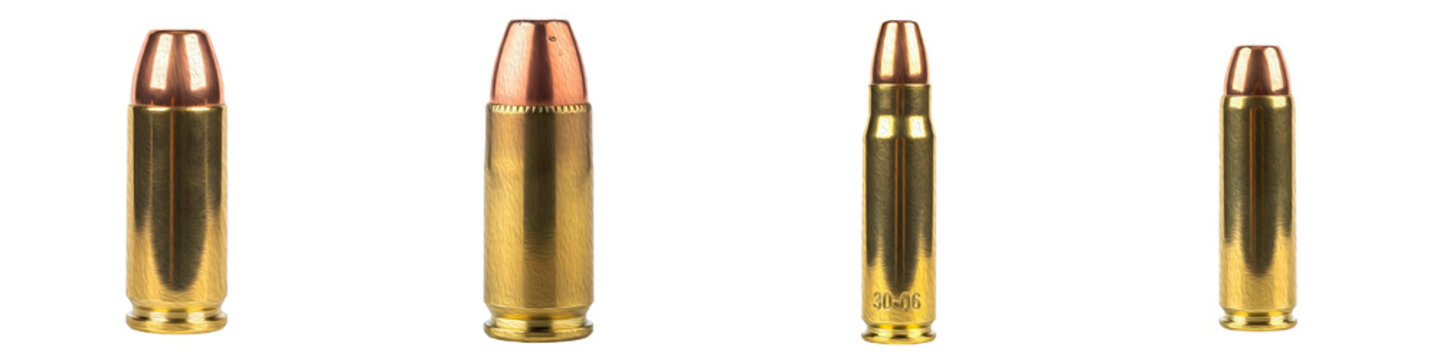 our Collection of 9mm ammunition rounds displayed on clean white background PNG file/';