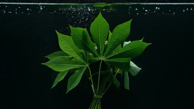 A bunch of fresh green cassava leaves submerged in clear water with bubbles against a dark background.