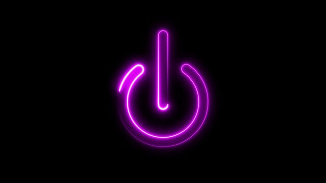 Glowing neon power button symbol animation, purple electric energy on black background