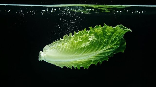 Fresh green lettuce leaf floating in clear water with numerous bubbles against a dark background, emphasizing its crisp and clean appearance.