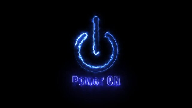 Neon blue power on symbol animation with glowing electric energy effect on black background, button switch