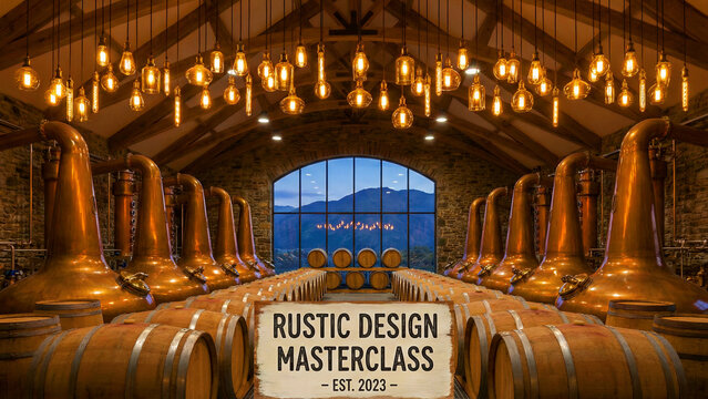Rustic design masterclass announcement featuring rows of gleaming copper pot stills and aging whiskey barrels inside a distillery setting.