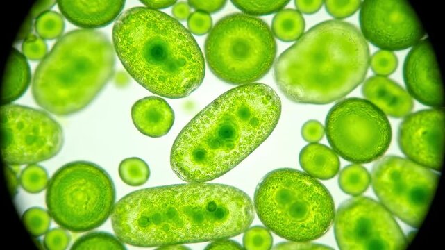 Mikroskopis alga hijau Chlorella di bawah lensa laboratorium melambangkan inovasi bioteknologi dan sumber energi nutrisi organik masa depan