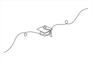 Obraz premium Minimalist continuous line drawing of a graduation cap with a star. Clean black vector art for academic success, university study, and achievement.