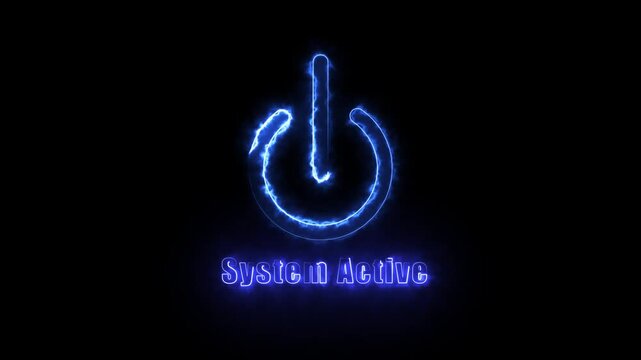 Neon blue power button symbol with system active text animation, glowing electric energy effect on black background