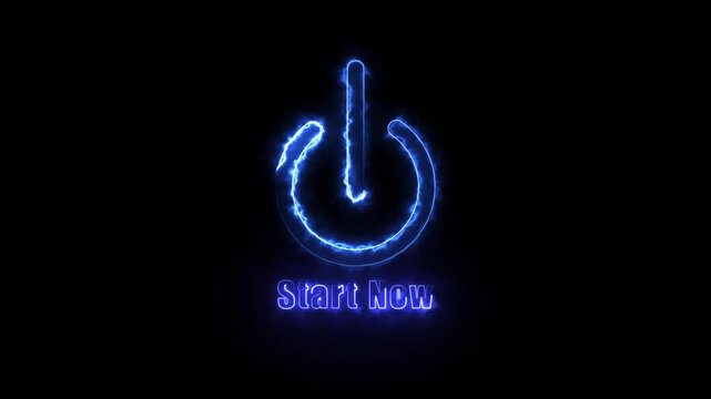 Neon blue power button animation with start now text, glowing electric energy symbol for digital interface and technology concepts