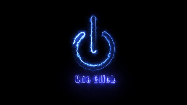 Neon blue electric power button with one click text animation on black background, electricity energy