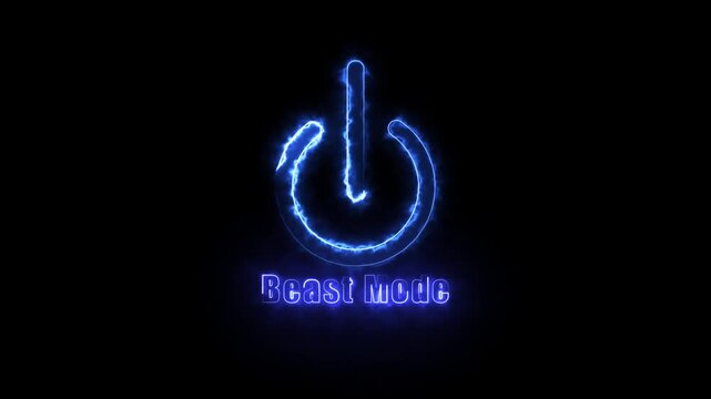 Glowing blue neon power button symbol with beast mode text animation on black background electricity