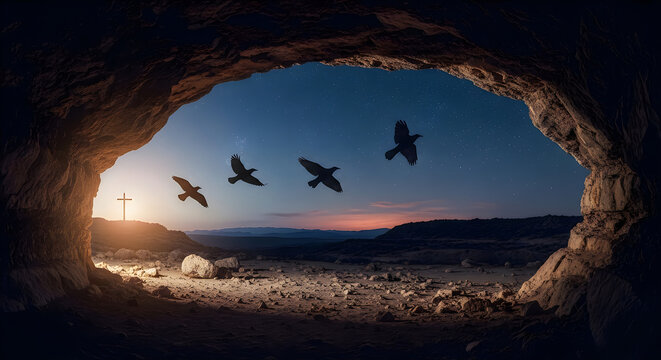 Flock of birds flying through stone tunnel at sunrise with scenic mountain landscape view