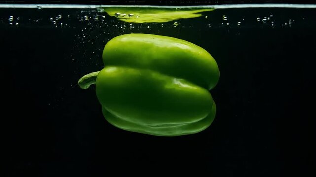A vibrant green bell pepper submerged in clear water with small bubbles against a dark background.