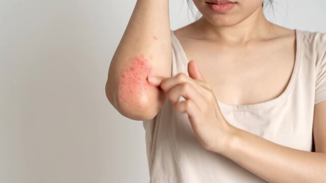 Close-up Footage of woman scratching red itchy skin rash on her elbow, concept of eczema or psoriasis flare-up
