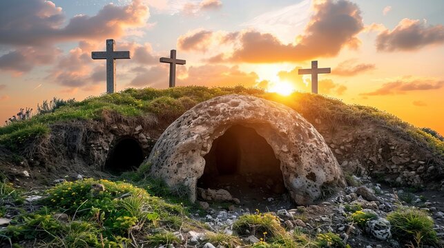 Three women find empty tomb and crosses at sunrise, symbolizing easter and christ s resurrection