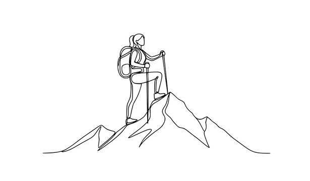 Minimal one line woman hiking mountain backpack travel adventure vector illustration isolated on white background