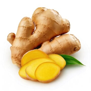 Fresh ginger root and slices with green leaf (1)