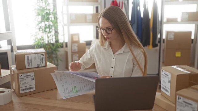 Woman reviews shipping paperwork and types on laptop among stacked cardboard boxes in a building; focused inventory management.